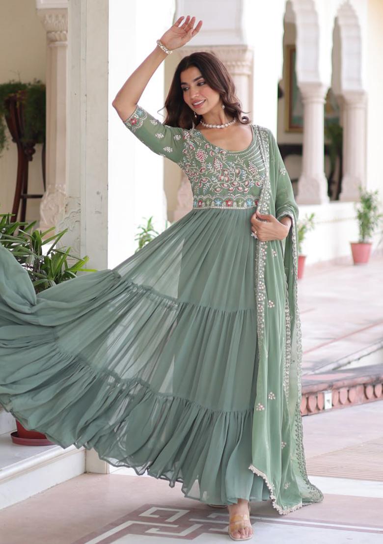 Pista Green Embroidery Faux Blooming Kurta Set - Indya