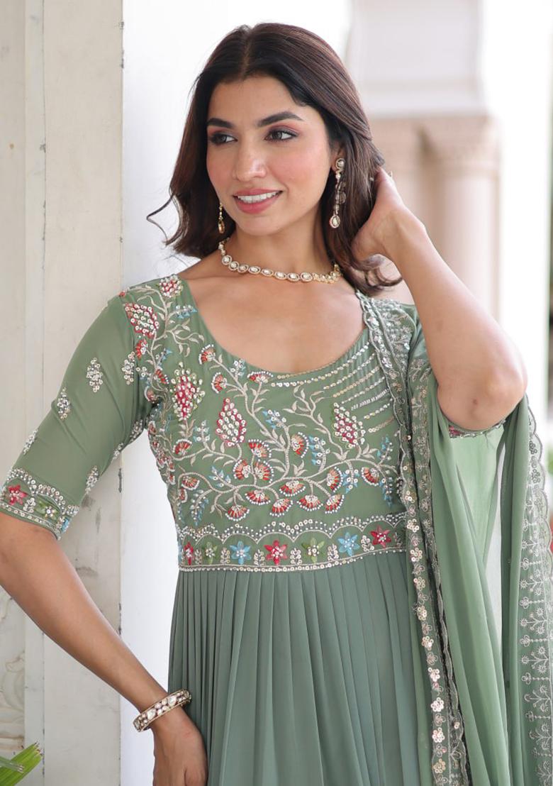 Pista Green Embroidery Faux Blooming Kurta Set - Indya