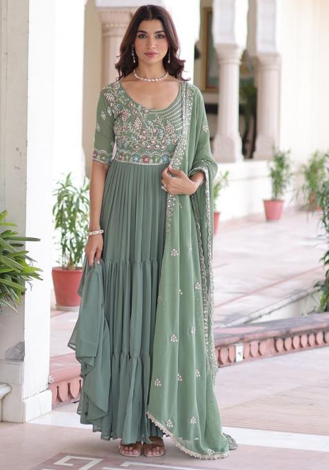 Pista Green Embroidery Faux Blooming Kurta Set