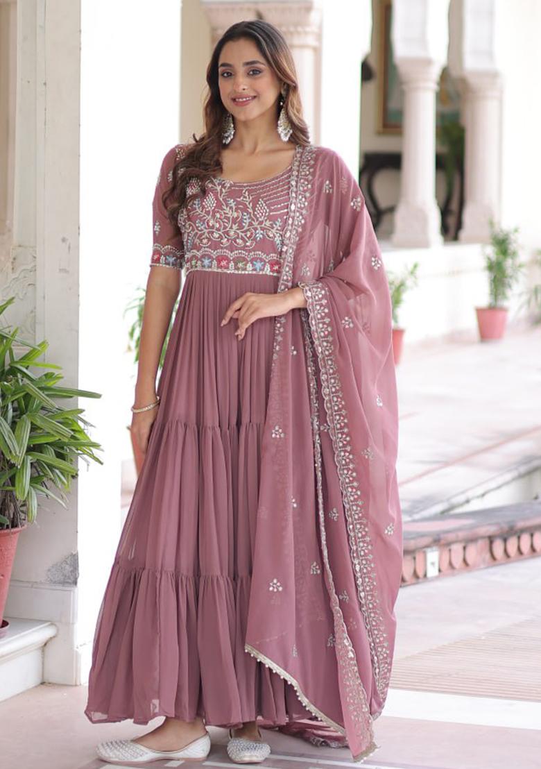 Mauve Pink Embroidery Faux Blooming Kurta Set - Indya