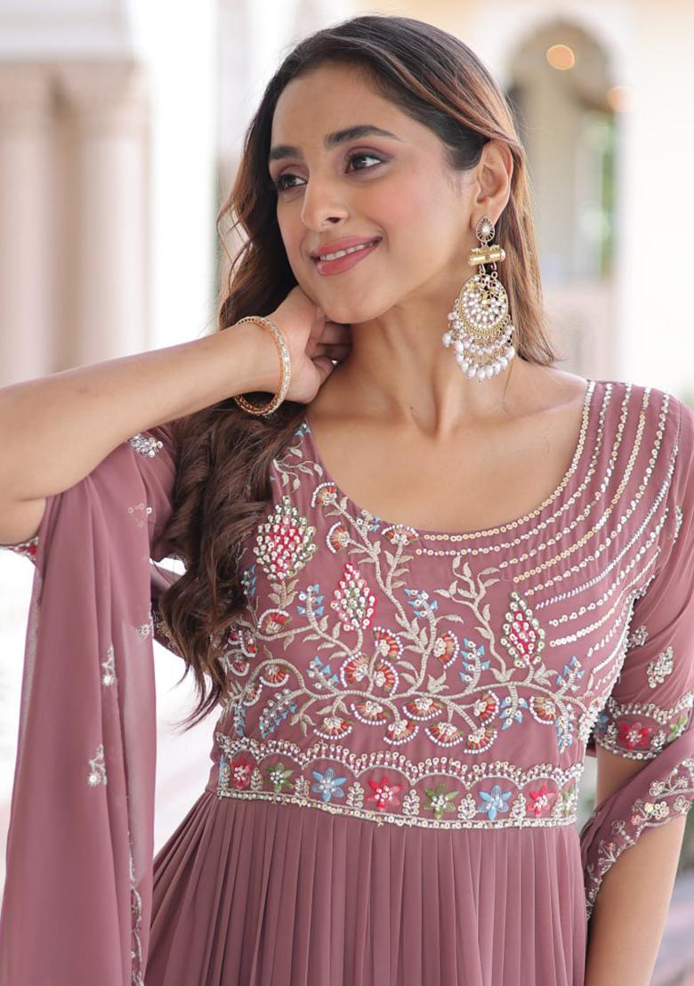 Mauve Pink Embroidery Faux Blooming Kurta Set - Indya