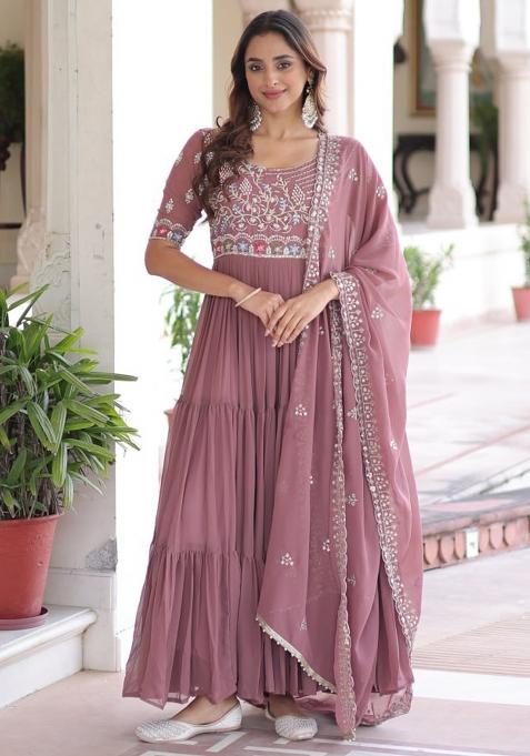 Mauve Pink Embroidery Faux Blooming Kurta Set