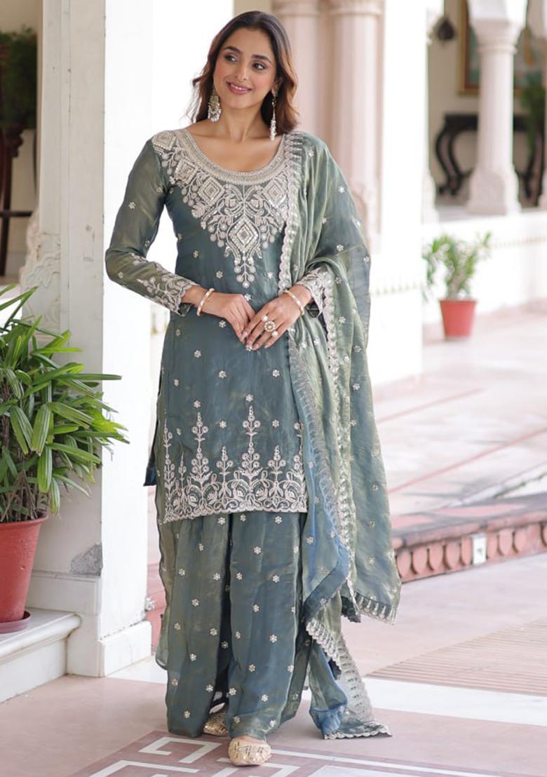 Grey Embroidery Silk Kurta Set - Indya