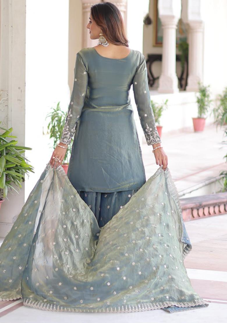 Grey Embroidery Silk Kurta Set - Indya