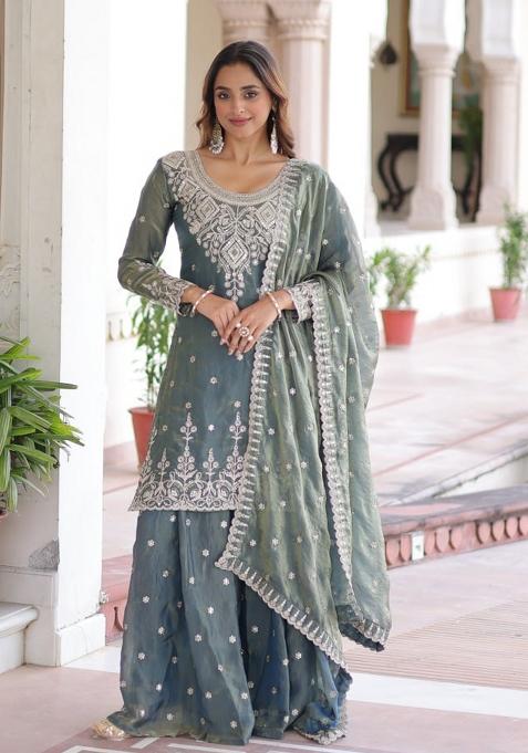 Grey Embroidery Silk Kurta Set