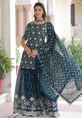 Teal Blue Embroidery Georgette Kurta Set