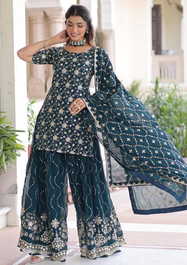 Teal Blue Embroidery Georgette Kurta Set - Indya