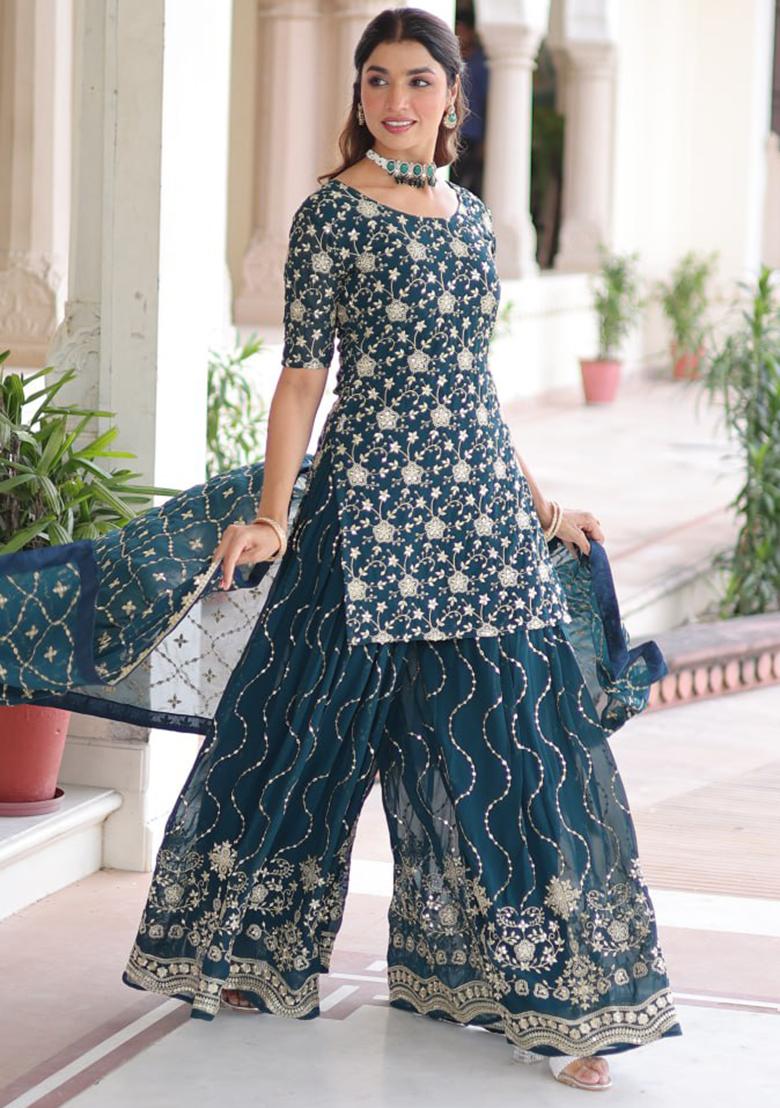 Teal Blue Embroidery Georgette Kurta Set - Indya