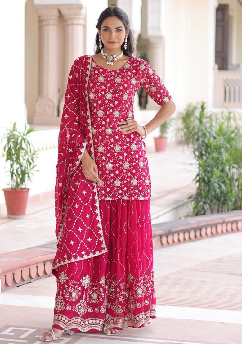 Pink Embroidery Georgette Kurta Set - Indya