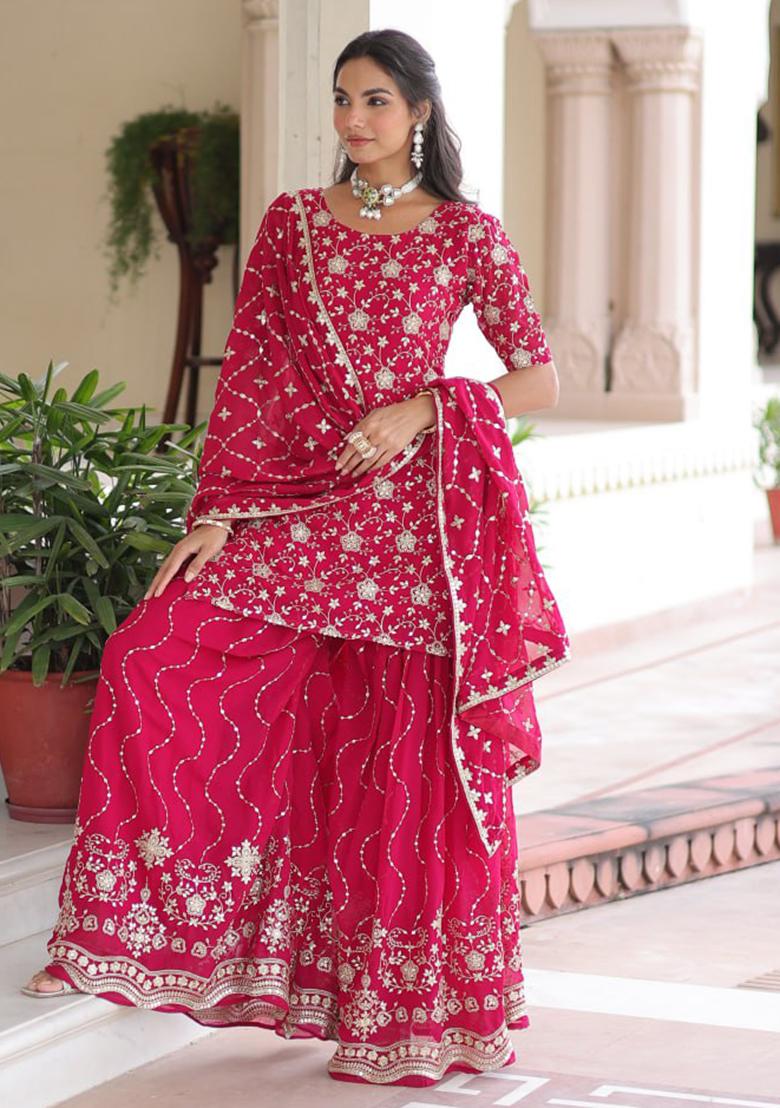 Pink Embroidery Georgette Kurta Set - Indya