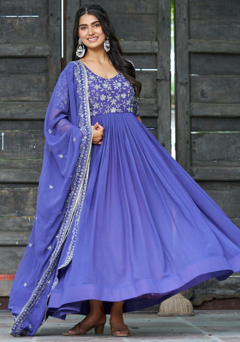 Purple Embroidery Faux Blooming Kurta Set - Indya