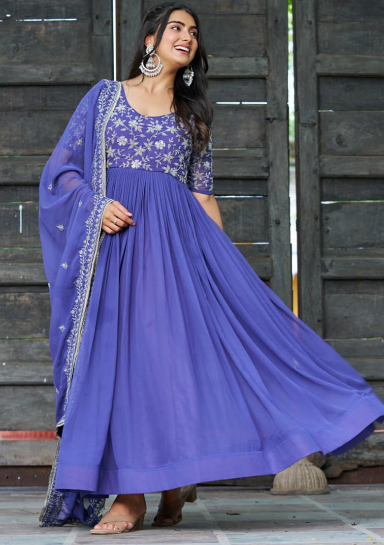 Purple Embroidery Faux Blooming Kurta Set - Indya
