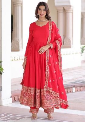 Red Embroidery Silk Kurta Set