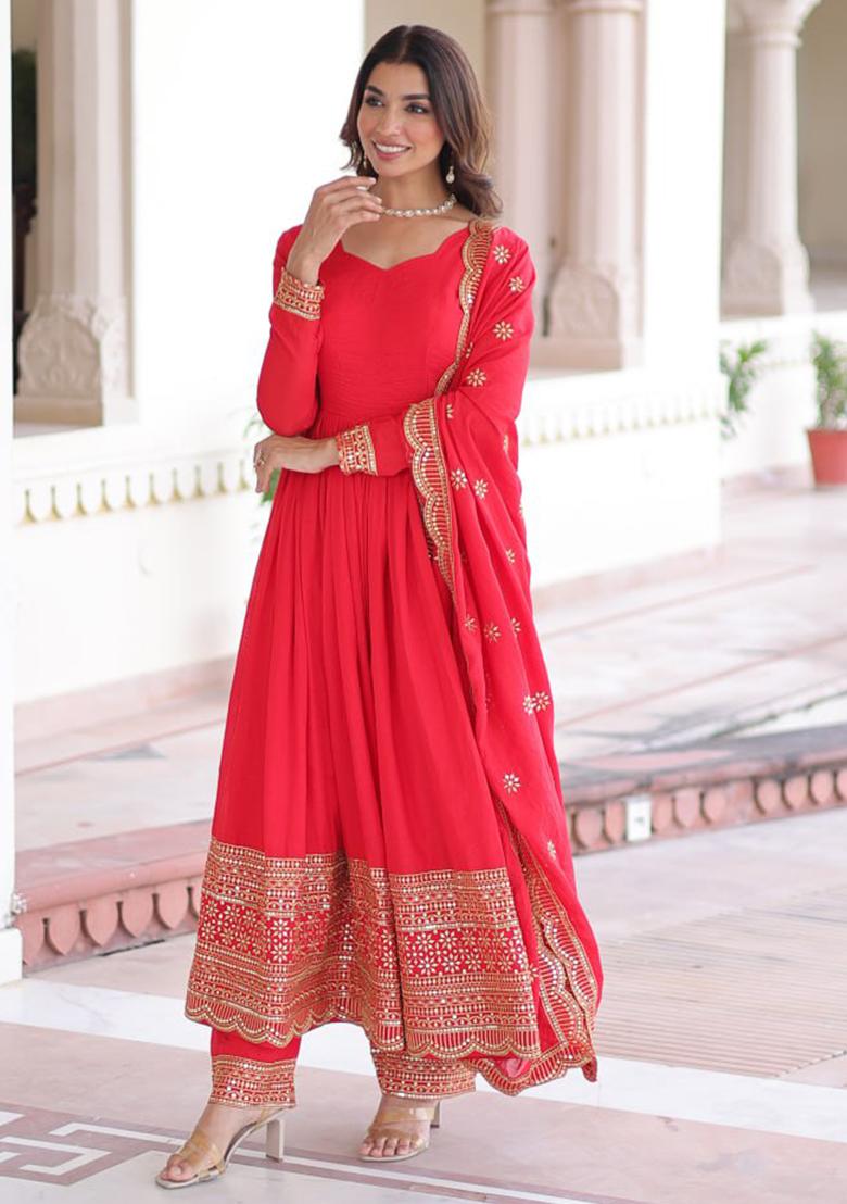 Red Embroidery Silk Kurta Set - Indya