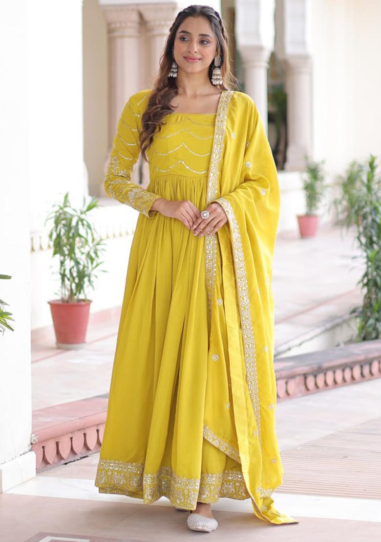 Yellow Embroidery Silk Kurta Set - Indya