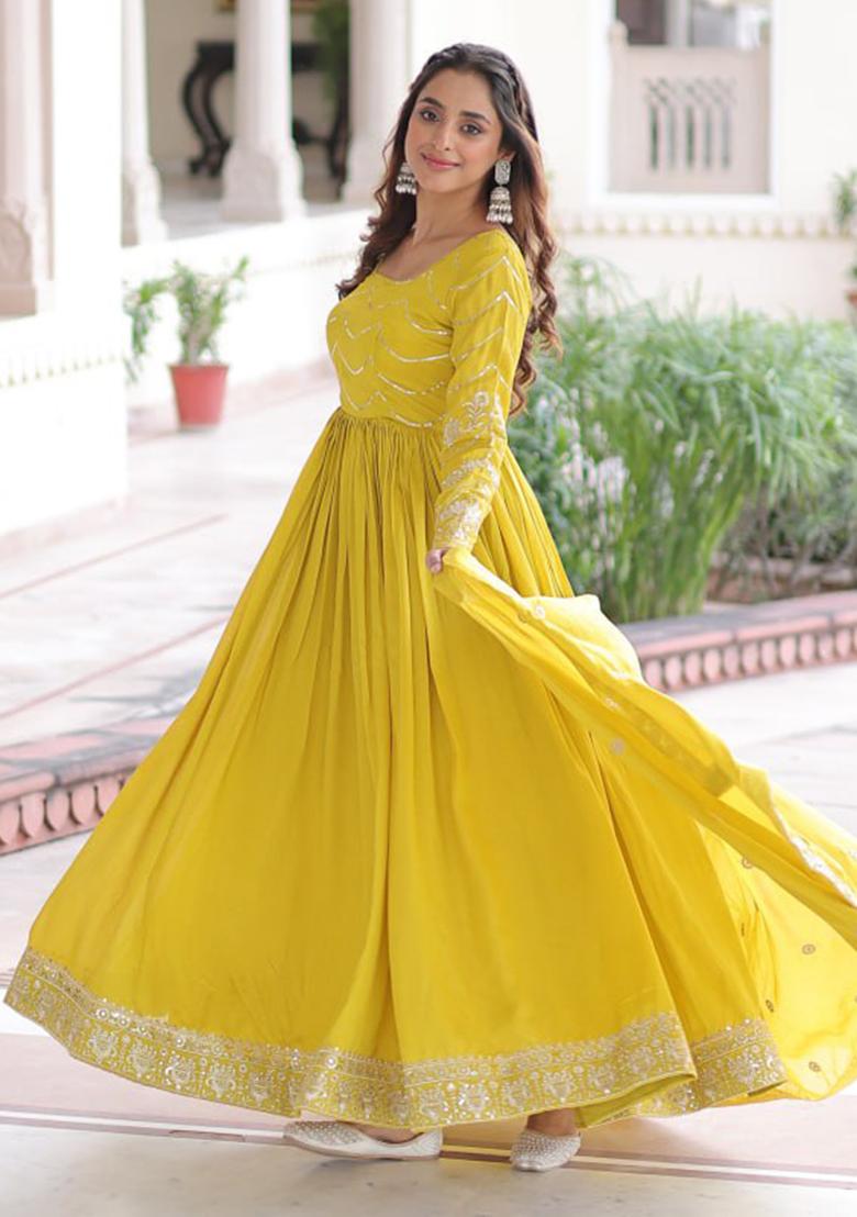 Yellow Embroidery Silk Kurta Set - Indya