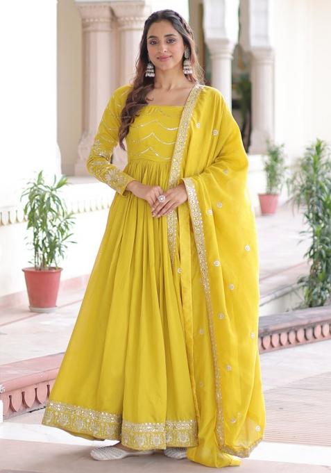Yellow Embroidery Silk Kurta Set