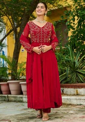 Maroon Embroidery Faux Blooming Kurta Set