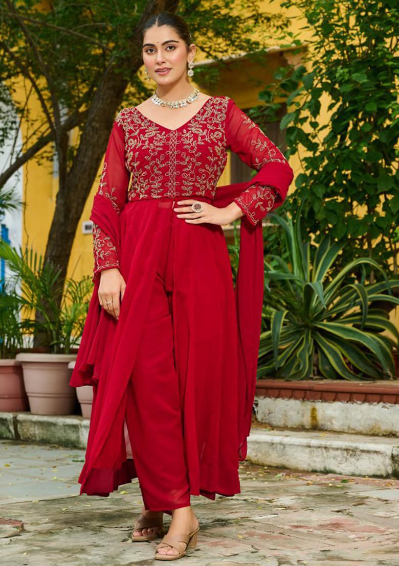 Maroon Embroidery Faux Blooming Kurta Set - Indya