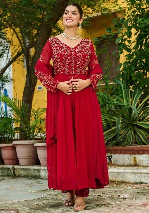 Maroon Embroidery Faux Blooming Kurta Set