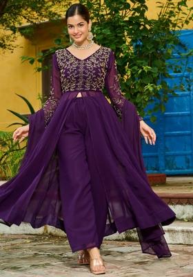 Wine Embroidery Faux Blooming Kurta Set