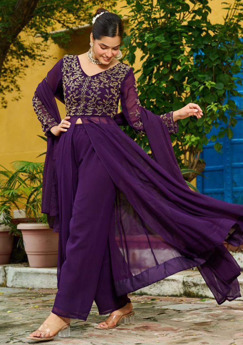 Wine Embroidery Faux Blooming Kurta Set - Indya