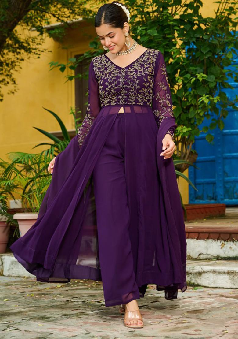 Wine Embroidery Faux Blooming Kurta Set - Indya