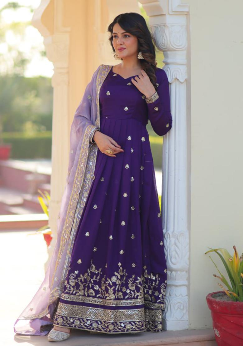 Purple Embroidery Georgette Kurta Set - Indya