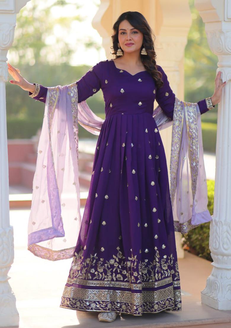 Purple Embroidery Georgette Kurta Set - Indya