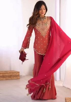 Pink Embroidered Silk Blend Sharara Set