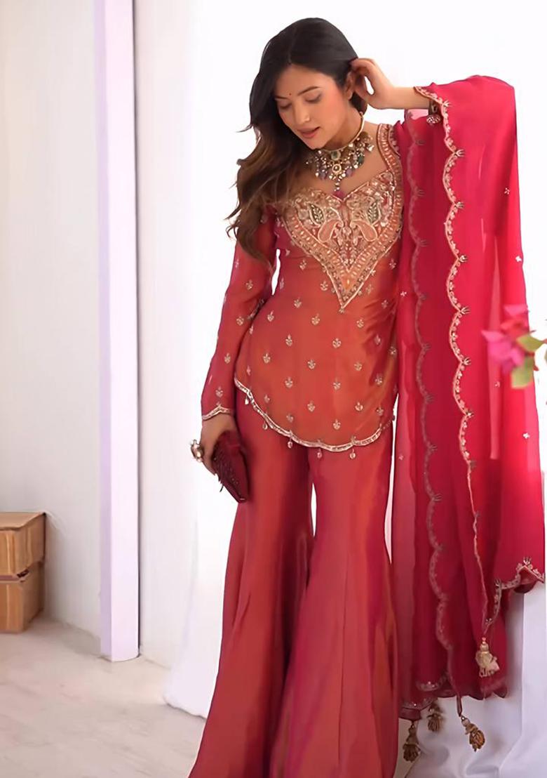 Pink Embroidery Silk Kurta Set - Indya