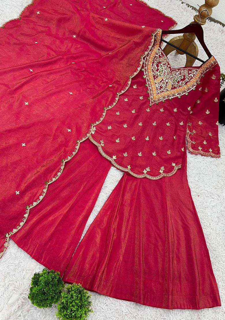 Pink Embroidery Silk Kurta Set - Indya