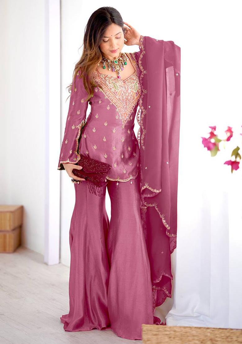 Mauve Pink Embroidery Silk Kurta Set - Indya