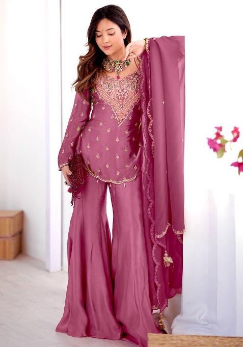 Mauve Pink Embroidery Silk Kurta Set