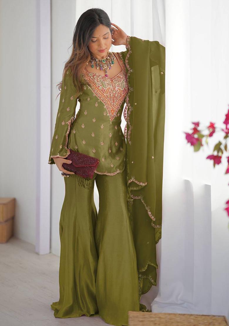 Green Embroidery Silk Kurta Set - Indya
