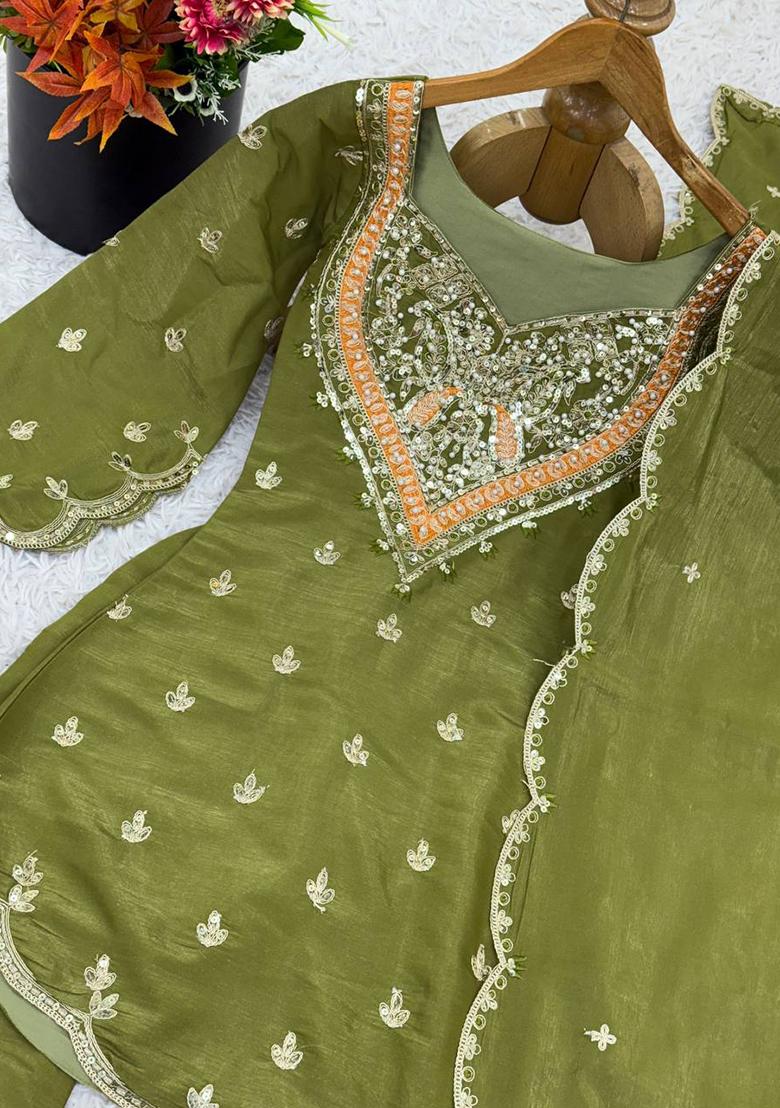 Green Embroidery Silk Kurta Set - Indya