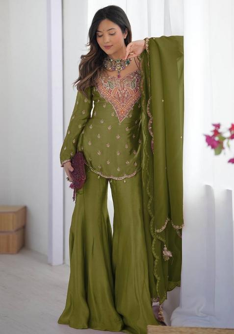 Green Embroidery Silk Kurta Set