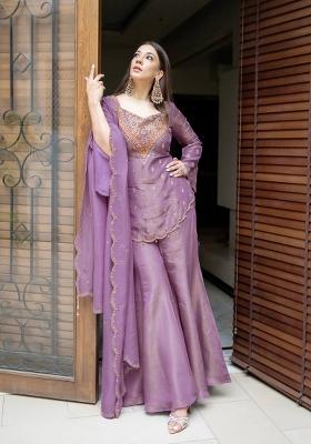 Lavender Embroidery Silk Kurta Set