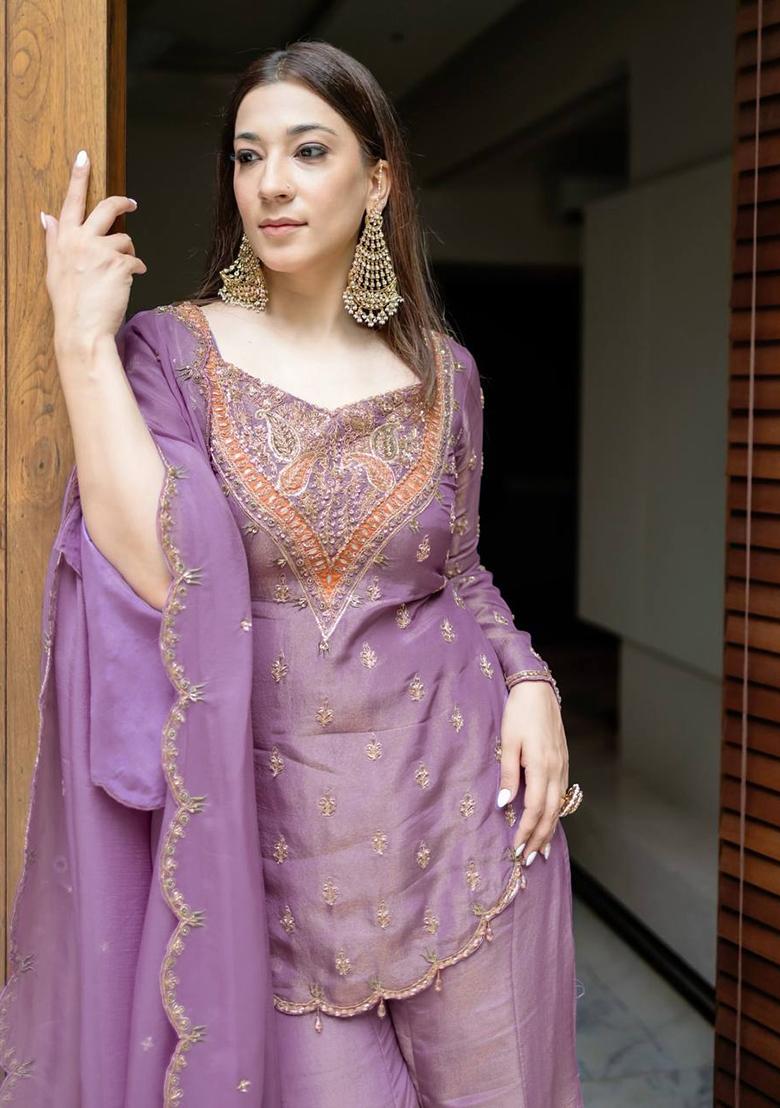 Lavender Embroidery Silk Kurta Set - Indya