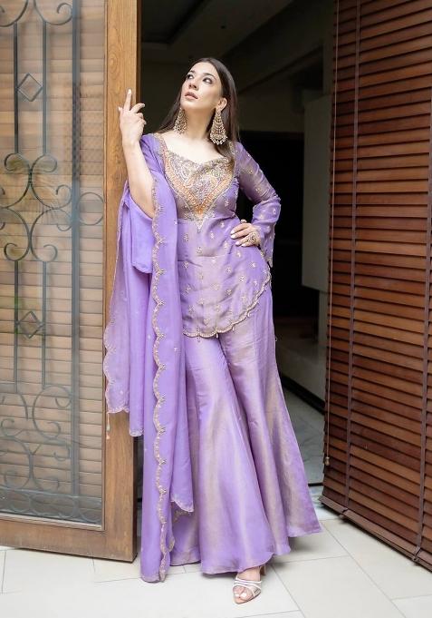 Lavender Embroidery Silk Kurta Set