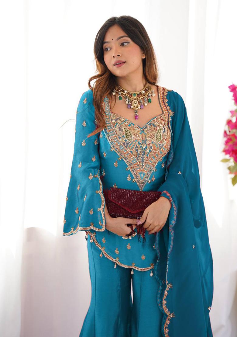 Teal Blue Embroidery Silk Kurta Set - Indya