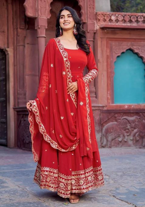 Red Sequence Work Georgette Kurta Set