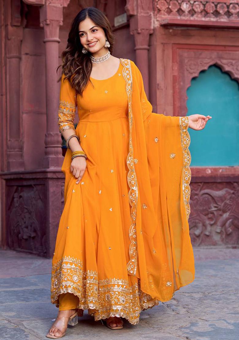 Yellow Sequence Work Georgette Kurta Set - Indya
