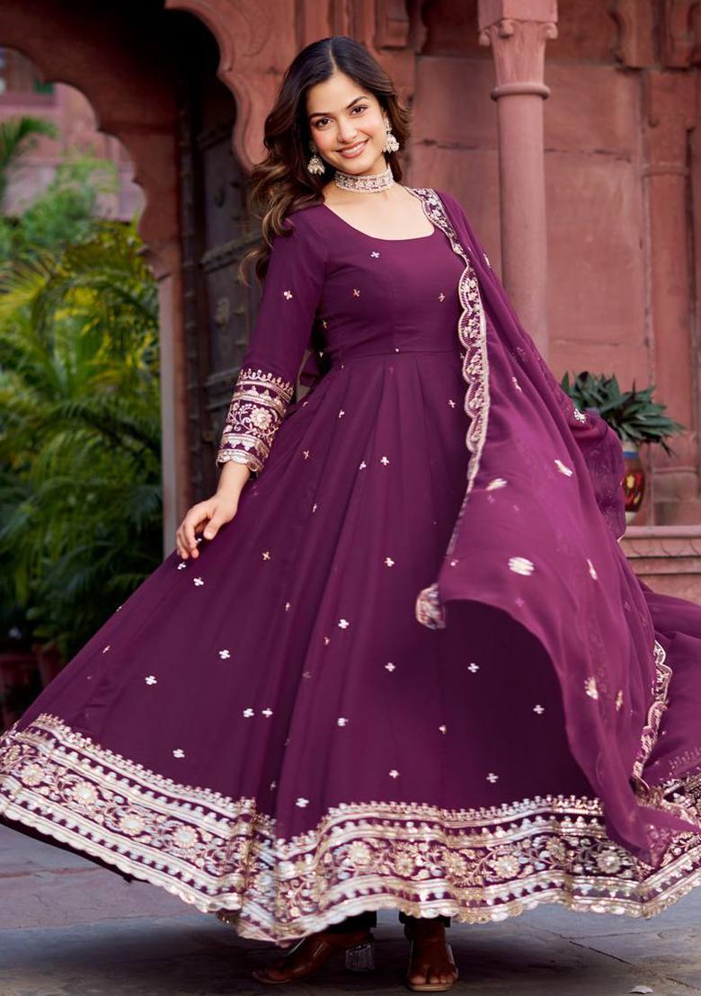 Wine Sequence Work Georgette Kurta Set - Indya