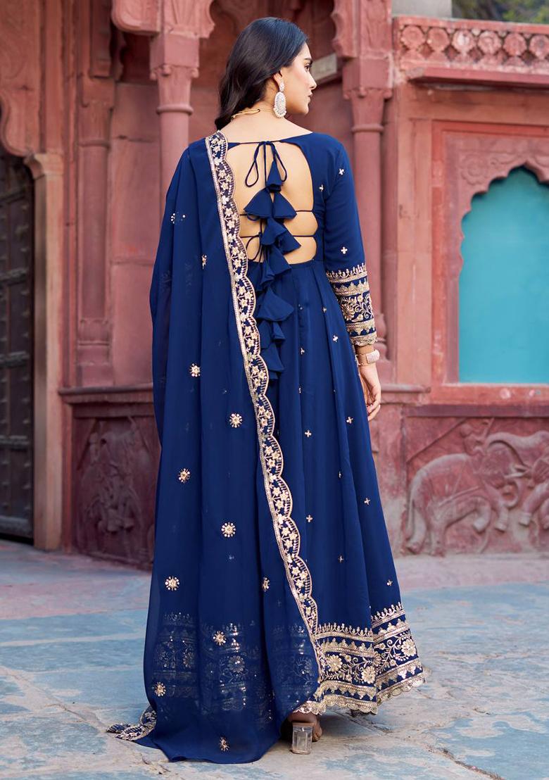 Navy Blue Sequence Work Georgette Kurta Set - Indya