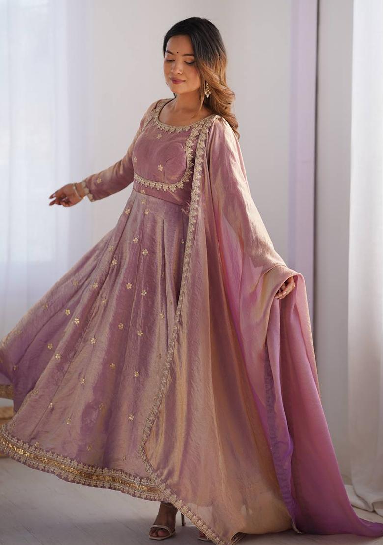 Mauve Pink Sequence Work Silk Kurta Set - Indya