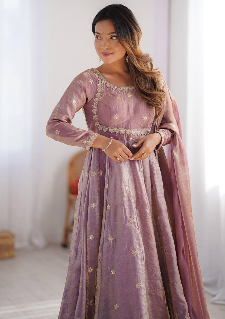 Mauve Pink Sequence Work Silk Kurta Set - Indya