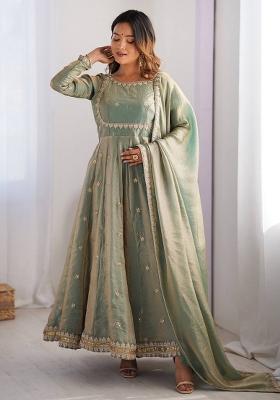 Olive Green Sequence Work Silk Kurta Set