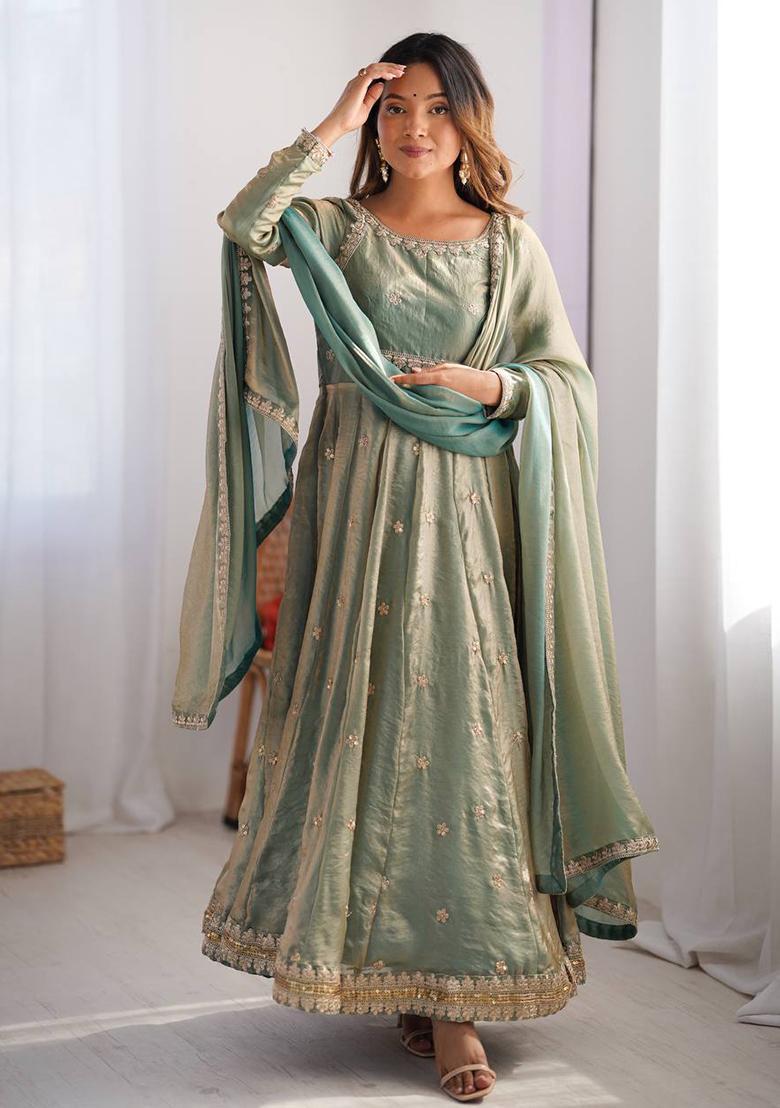 Olive Green Sequence Work Silk Kurta Set - Indya