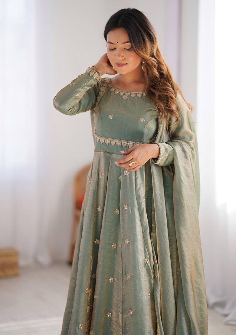 Olive Green Sequence Work Silk Kurta Set - Indya